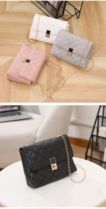 Detailed grid of quilted chain crossbody bags in white, grey, pink, and black colors
