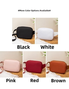 Detail view of nylon crossbody waist bags available in black, white, pink, red, and brown