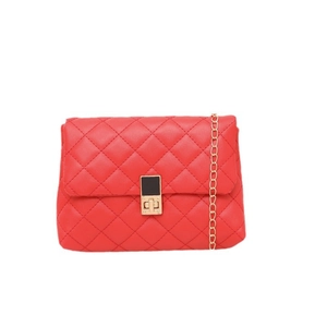 Elegant red quilted PU leather shoulder bag with gold chain strap and metal turn-lock