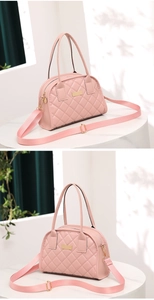 Dual-view detail of pink quilted handbag with gold hardware and removable fabric strap