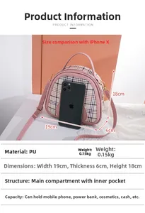 Detailed size comparison of pink plaid PU crossbody bag next to a smartphone