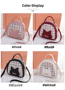 Collage of cat-eared crossbody bags in pink, red, black, and white plaid patterns