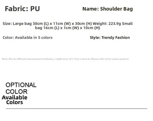 Detailed size chart and PU material specs for the embroidered heart tote and pouch set
