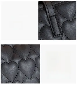Detailed close-up of glossy heart-quilted leather stitching on black tote handbag