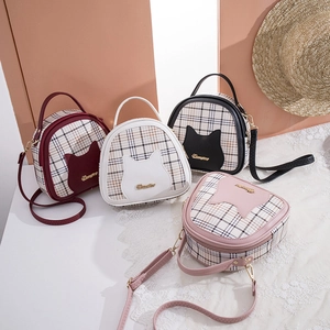 Women Cute Cat Plaid Shell Crossbody Bag PU Leather Handbag Sweet Contrast Color Shoulder Purse