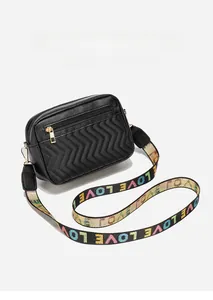Detail of black wave quilted crossbody bag with colorful LOVE embroidered wide strap