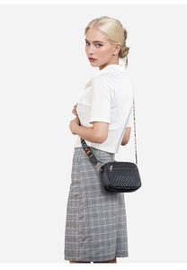 Detail of black crossbody bag with V-quilted leather and colorful LOVE jacquard strap