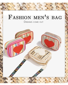 Detailed knit texture of heart crossbody bags with colorful LOVE logo wide straps