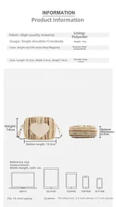 Detailed size chart for the woven heart bag with dimensions 19.5cm length and 6.5cm width