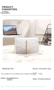 Detailed size specifications and view of the white quilted crossbody bag with gold tassels