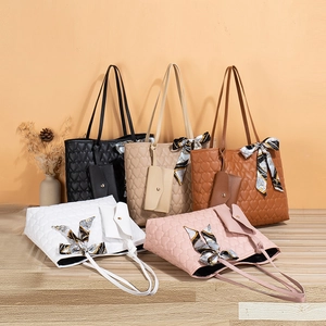 Heart Quilted Tote Bag With Small Pouch And Decorative Satin Scarf PU Leather Large Capacity Fashion Handbag For Women