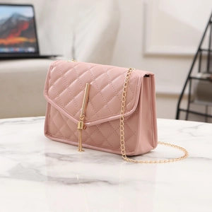 Pale pink quilted chain crossbody bag with elegant gold tassel and sleek metal strap