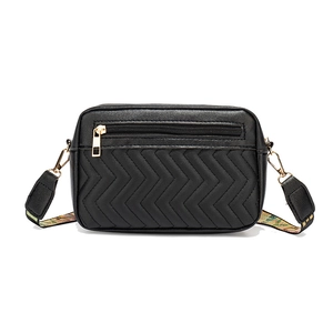 Black crossbody camera bag with V-shaped stitching and colorful jacquard shoulder strap