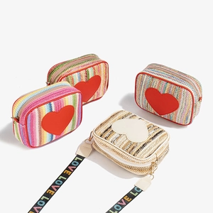 Woven Straw Crossbody Bag With Heart Patch Wide Adjustable Shoulder Strap Fashion Summer Small Square Purse For Women