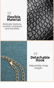 Detail of crocodile embossed leather texture and detachable gold metal chain strap
