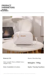 White PU leather small shoulder bag with V-shaped quilting and 19x7x13cm size specs