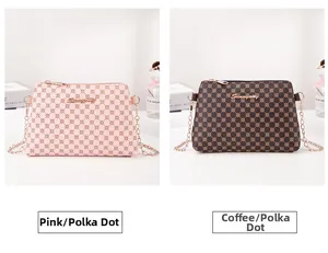 Sacs à bandoulière rose et marron avec imprimés à pois et élégantes bandoulières en chaîne dorée