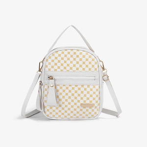 Mini sac à dos chic en cuir blanc avec motif floral jaune et détails dorés fins
