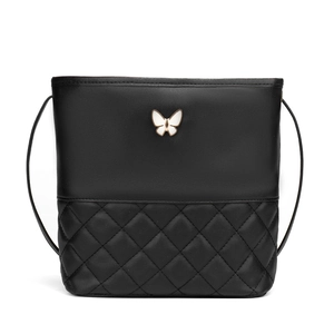 Sac bandoulière noir matelassé en similicuir avec ornement papillon blanc élégant