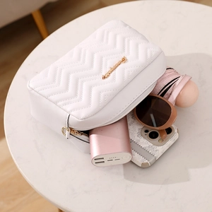 White V-quilted small square crossbody bag with gold logo and daily essentials