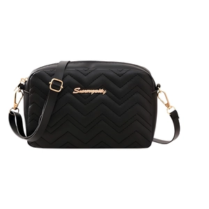 Fashionable wave quilted black leather crossbody bag with golden metal logo and strap