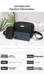 Close-up of black quilted shoulder bag with V-shaped stitching and mini coin purse