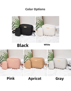 Detailed color display of quilted crossbody camera bags with detachable mini pouches