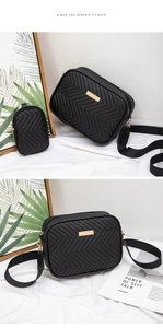 Detail of black V-quilted crossbody bag with golden hardware and matching mini coin pouch