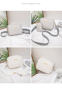 Detail of quilted crossbody bag featuring a golden plaque and wide strap in four views