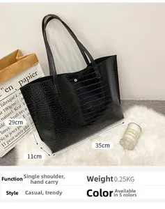 Vue détaillée du grand sac cabas noir à motif crocodile et texture en cuir brillant