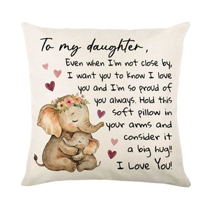 Linen cushion cover with elephant illustration and sentimental daughter quote