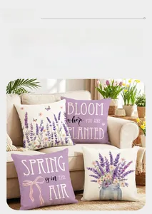 Close-up of four lavender pattern cushion covers on a sofa in a home setting