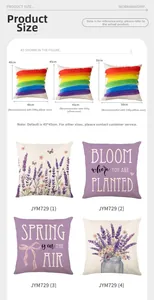 Detailed size chart for lavender print pillow covers in 40cm, 45cm, and 50cm variants
