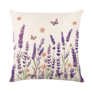 Lavender flower and butterfly print square cushion cover in rustic watercolor style