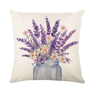 Lavender print pillow cover with purple floral watercolor design on linen fabric