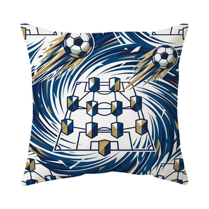 Soccer themed pillow cover with blue and gold geometric football prints on white background