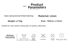Linen table runner 180x33cm specifications with washing care icons and size details
