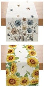 Detailed view of sunflower and vintage floral prints on linen texture table runner