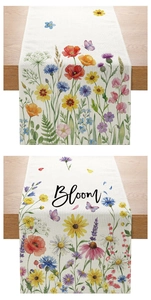 Close-up of floral table runner with watercolor wildflowers and Bloom text on wood