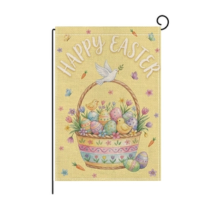 Σημαία κήπου Happy Easter με κουνέλι και πολύχρωμα αυγά σε ύφασμα με όψη λινάτσας