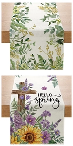 Detail of linen table runner with sunflower, lavender prints and Hello Spring text
