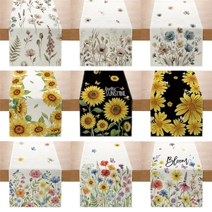 Floral Print Table Runner Polyester Linen Look Sunflower Wildflower Pastoral Decor For Dining Coffee Table Kitchen Home