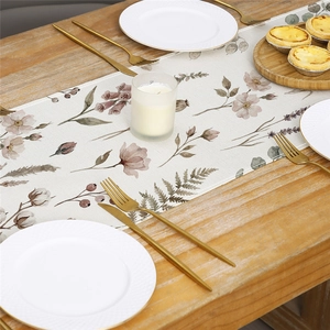 Floral table runner with watercolor sunflowers on beige cotton linen fabric for dining decor