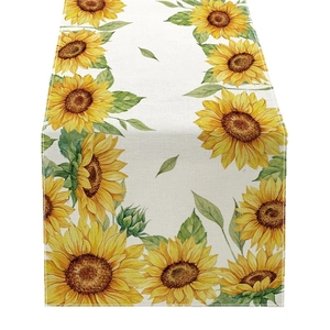 Pastoral sunflower print table runner in yellow and white linen for dining room decor