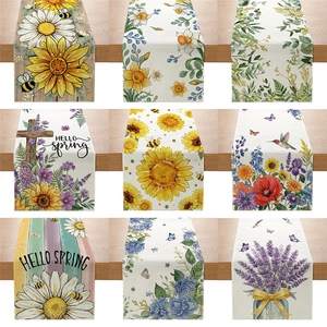 Hello Spring Floral Table Runner Linen Texture Sunflower Daisy Lavender Pattern Kitchen Dining Room Table Decor For Daily Party Use
