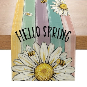 Linen table runner with Hello Spring text, daisy flower print and colorful stripes