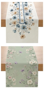 Close-up showing floral digital printing and cotton linen texture on table runners