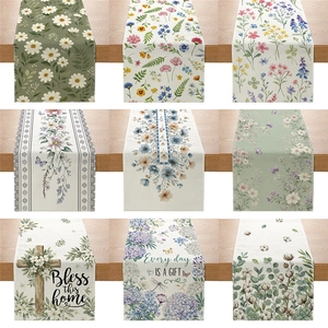 Floral Table Runner Linen Look Decorative Polyester Fabric For Dining Room Kitchen Pastoral Style Butterfly Print