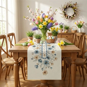 Floral table runner with blue flowers and plaid patterns for spring dining room decor