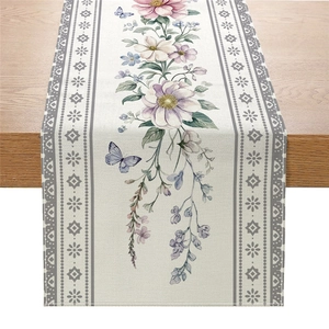Floral table runner with realistic butterflies and flowers on linen textured fabric